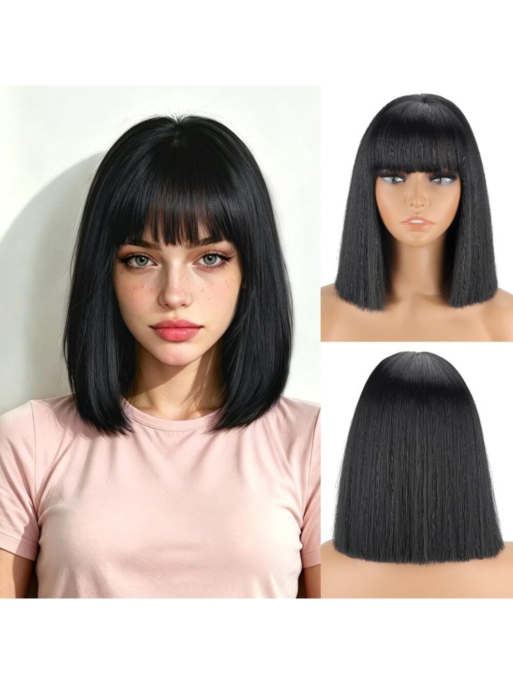 Women's Black 11 Inch Heat Resistant Synthetic Short Straight Wigs Bangs